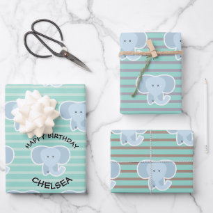Baby Elephant Stripes Happy Birthday Set of Geschenkpapier Set