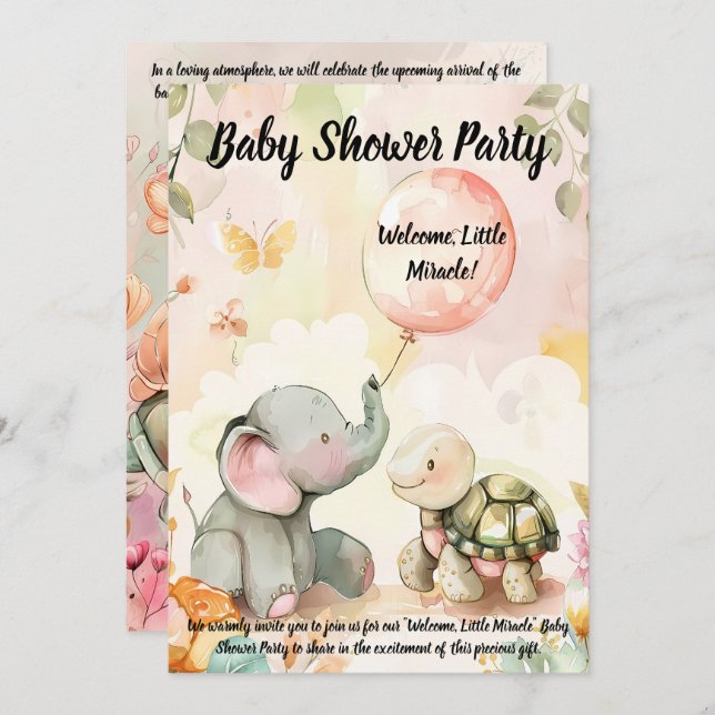 Baby Elephant & Turtle Baby Dusche Einladung (Vorne/Hinten)