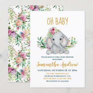 Baby Elephant und Blume Babydusche Einladung