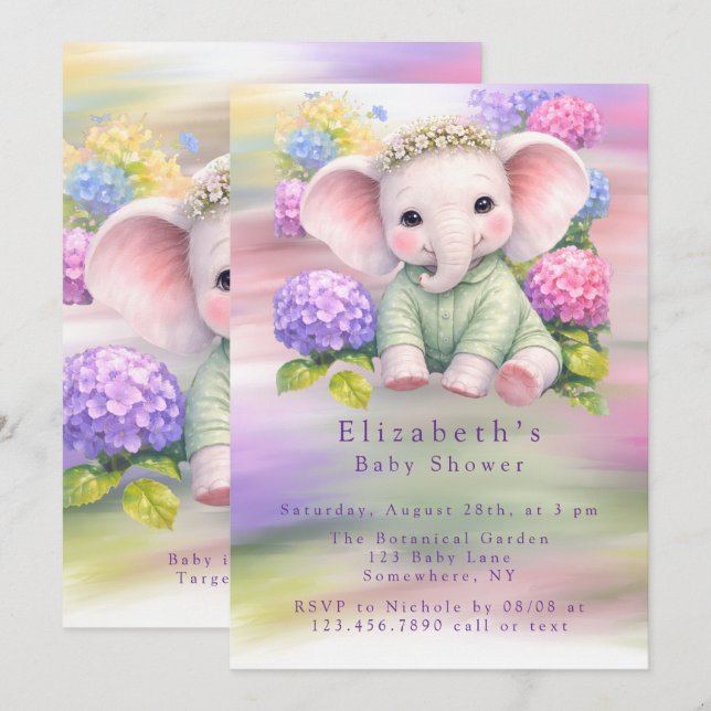 Baby Elephant with Hydrangeas Baby Shower  Einladung (Vorne/Hinten)