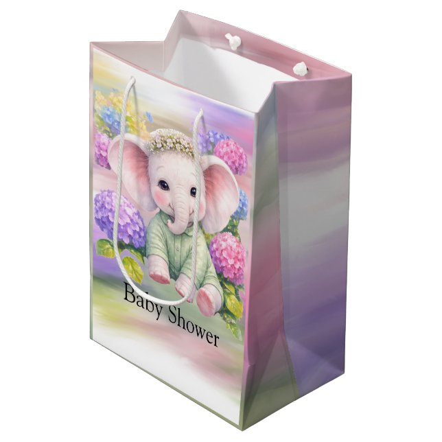 Baby Elephant with Hydrangeas Baby Shower  Mittlere Geschenktüte (Vorderseite Schrägansicht)