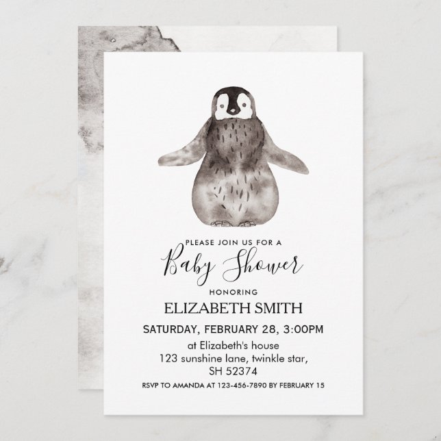 Baby Emperor Pinguin Winter Baby Dusche Einladung (Vorne/Hinten)