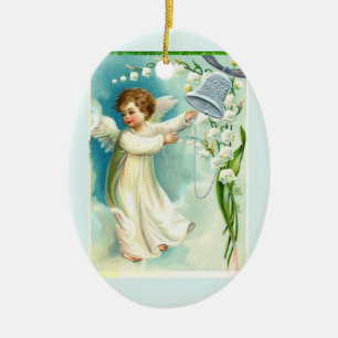 Baby Engel mit blauer Glocke Keramik Ornament