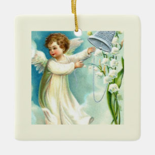 Baby Engel mit blauer Glocke Keramikornament