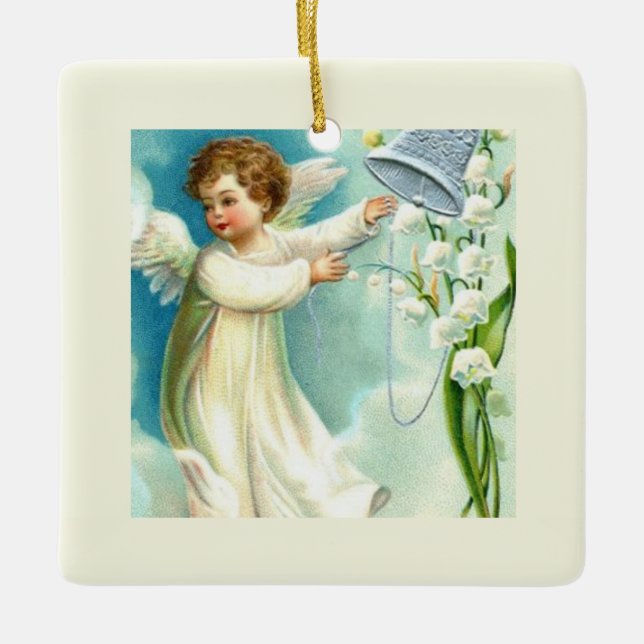 Baby Engel mit blauer Glocke Keramikornament (Vorderseite)