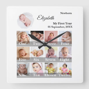 Baby Erstes Jahr 12 Monate Fotocollage Meilenstein Quadratische Wanduhr