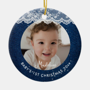 Baby erstes Weihnachten Denim Rustikale Spitze Bla Keramik Ornament