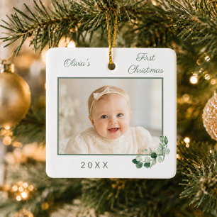 Baby erstes Weihnachten Foto weiße Grünpflanzen Keramikornament
