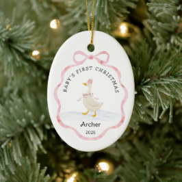 Baby erstes Weihnachten Rosa Wasserfarbe Band Gans Keramik Ornament