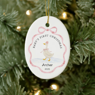 Baby erstes Weihnachten Rosa Wasserfarbe Band Gans Keramik Ornament