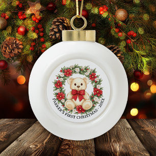 Baby erstes Weihnachten Süßer Teddybär Blumenkranz Keramik Kugel-Ornament