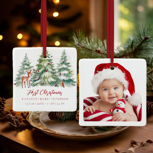 Baby erstes Weihnachten Wald Eule Reh Foto Keramikornament