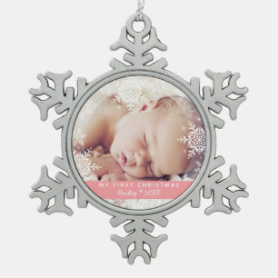 Baby erstes Weihnachten Weißer Silber Glitter Rosa Schneeflocken Zinn-Ornament
