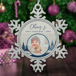 Baby erstes Weihnachten Winterwald Foto Schneeflocken Zinn-Ornament