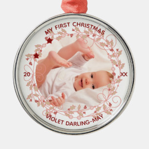 Baby erstes Weihnachtsfoto - rosa Holzkranz Ornament Aus Metall