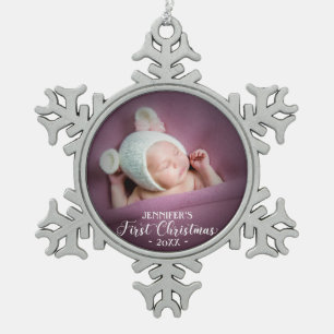 Baby erstes Weihnachtsfoto Schneeflocken Zinn-Ornament