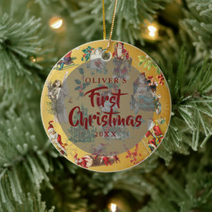 Baby erstes Weihnachtsfoto vintage Gold  Keramik Ornament