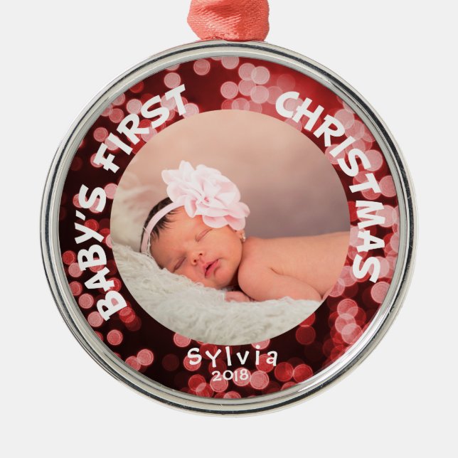 Baby-erstes Weihnachtspersonalisiertes Foto Ornament Aus Metall (Vorne)