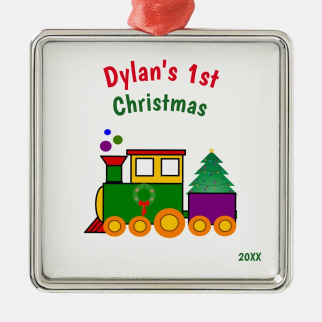 Baby erstes Weihnachtszug-Ornament Silbernes Ornament (Vorne)