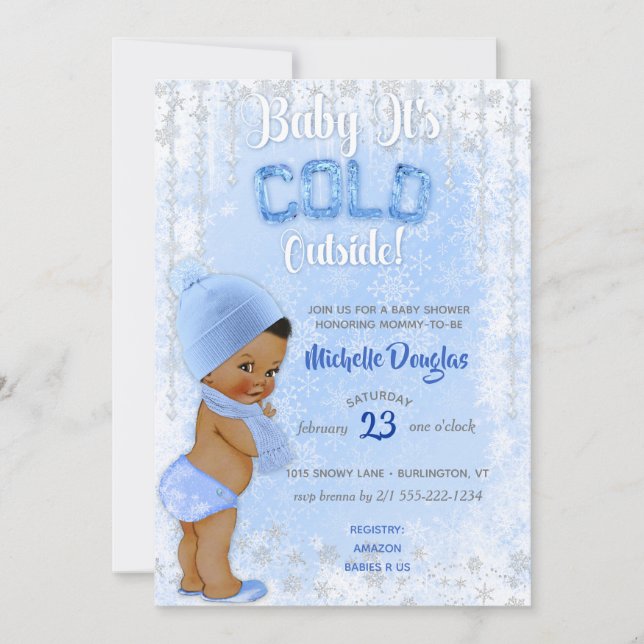 Baby Es ist Cold Snowflake Blue Ethnic Boy Dusche Einladung (Vorderseite)