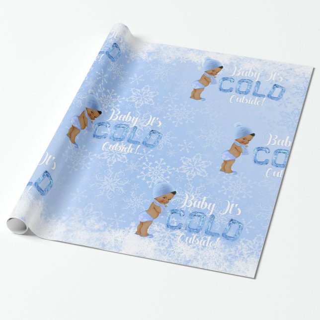 Baby Es ist Cold Snowflake Blue Ethnic Boy Dusche Geschenkpapier (Ungerollt)
