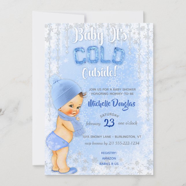 Baby Es ist Cold Snowflake Icy Blue Boy Dusche Einladung (Vorderseite)