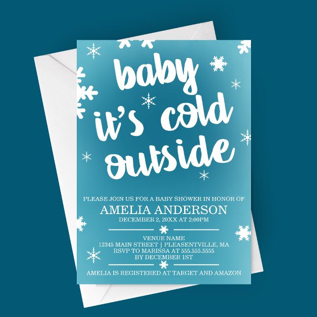 Baby Es ist kalt draußen Babydusche Einladung (Baby It's Cold Outside Winter Baby Shower Invitation with Blue Ombre Background and Snowflakes)