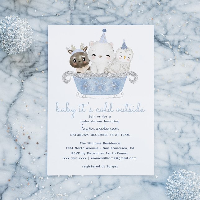 Baby Es ist kalt draußen Babydusche Einladung (Winter Wonderland Baby It's cold Outside Card with blue watercolor animals. Image from freepik)