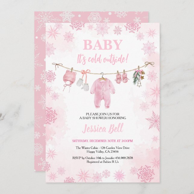 Baby Es ist kalt draußen Babydusche Pink Girl Wint Einladung (Vorne/Hinten)