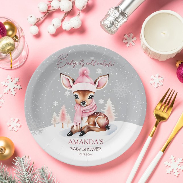 Baby es ist kalt draußen Hirschbrause Pappteller (Baby it's cold outside girl deer baby shower tableware personalized party plates cute deer in hat)