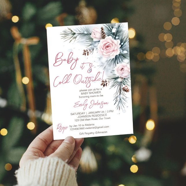 Baby es ist kalt draußen im Winter Baby Duschpadel Einladung (Baby it's cold outside pastel pink roses snowy pinecones pines winter baby shower invitation)