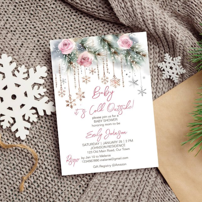 Baby es ist kalt draußen im Winter Baby Duschpadel Einladung (Baby it's cold outside winter baby shower template  invitation pastel pines pink roses snowflakes)
