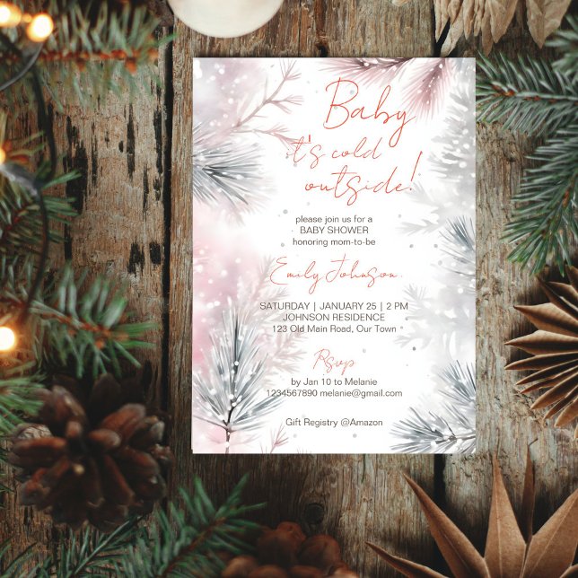 Baby es ist kalt draußen im Winter Baby Duschpadel Einladung (Baby it's cold outside winter baby shower pastel watercolor snowy pines template invitation)