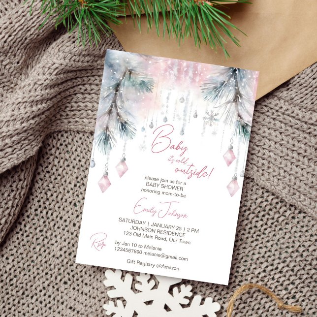 Baby es ist kalt draußen im Winter Baby Duschpadel Einladung (Baby it's cold outside winter baby shower watercolor pastel pink template invitation download)