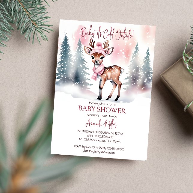 Baby es ist kalt draußen Mädchen Rehe Babydusche Einladung (Baby it's cold outside deer baby shower template invitation digital download watercolor cute deer)