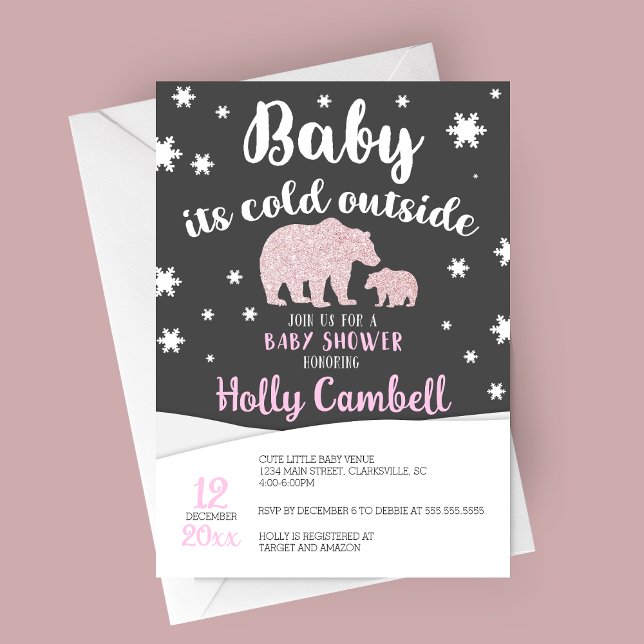 Baby Es ist kalt draußen Polar Bear Babydusche Einladung (Baby It's Cold Outside, Polar Bear Winter Baby Shower Invitation in Pink)