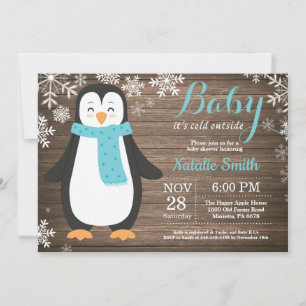 Baby, es ist kalt draußen Rustikaler Pinguin-Baby- Einladung
