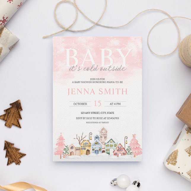 Baby Es ist kalt draußen Winter Wunderland Dusche Einladung (Pink Winter Wonderland Baby Shower Invitation | Baby it's cold outside Girl's Christmas Baby Shower)