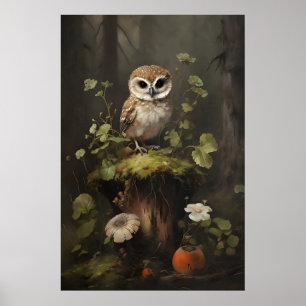 Baby-Eulen-Botanikdruck, Forestcore Cottagecore Poster