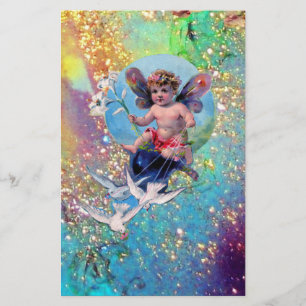 BABY FAIRY MIT HUNDEN IN GLITZERN, blaugrünes Gold Briefpapier