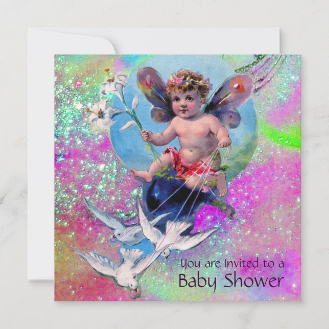 BABY FAIRY MIT HUNDEN IN GLITZERN Gold Pink Einladung (Vorderseite)