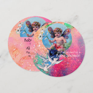BABY FAIRY MIT HUNDEN IN GOLD PINK GLITZERN EINLADUNG