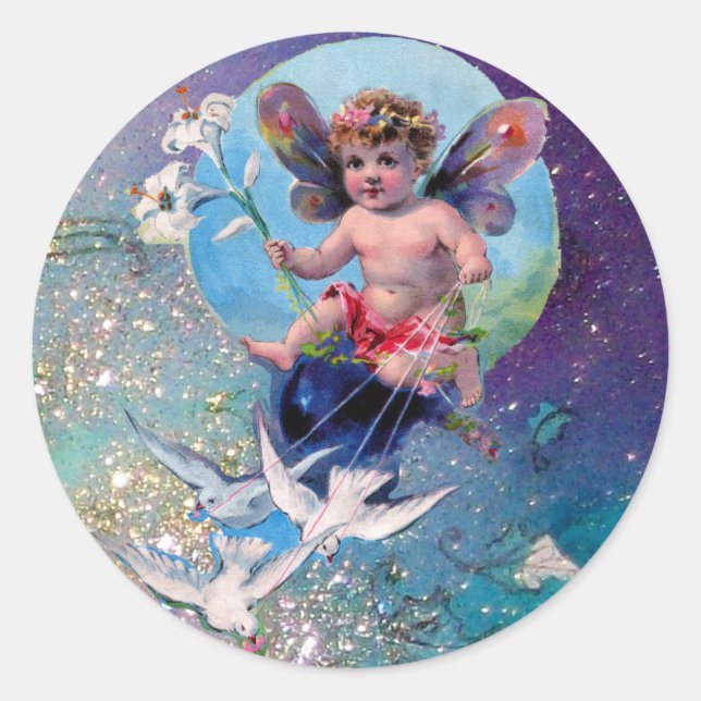 BABY FAIRY WITH DOVES IN GLITZERN blue green Runder Aufkleber (Vorderseite)
