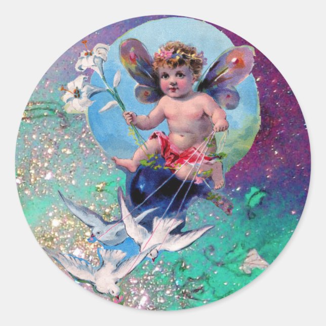 BABY FAIRY WITH DOVES IN GLITZERN blue green Runder Aufkleber (Vorderseite)