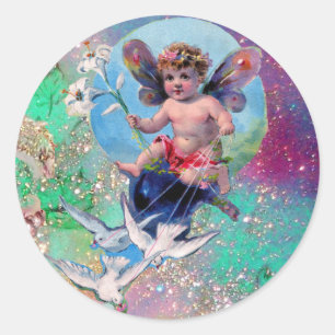 BABY FAIRY WITH DOVES IN GLITZERN blue green Runder Aufkleber