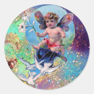 BABY FAIRY WITH DOVES IN GLITZERN blue green Runder Aufkleber