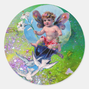 BABY FAIRY WITH DOVES IN GLITZERN blue Pink green Runder Aufkleber