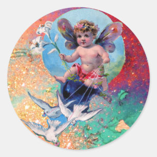 BABY FAIRY WITH DOVES IN GLITZERN blue Pink green Runder Aufkleber