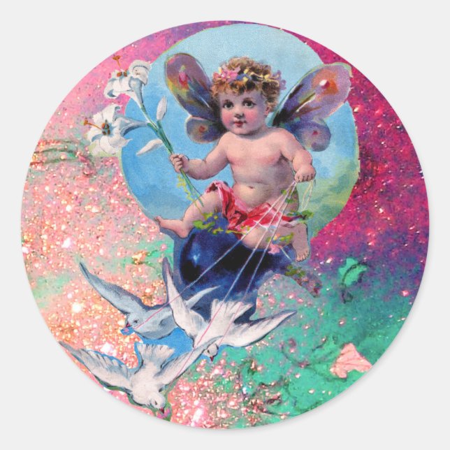 BABY FAIRY WITH DOVES IN GLITZERN blue Pink green Runder Aufkleber (Vorderseite)
