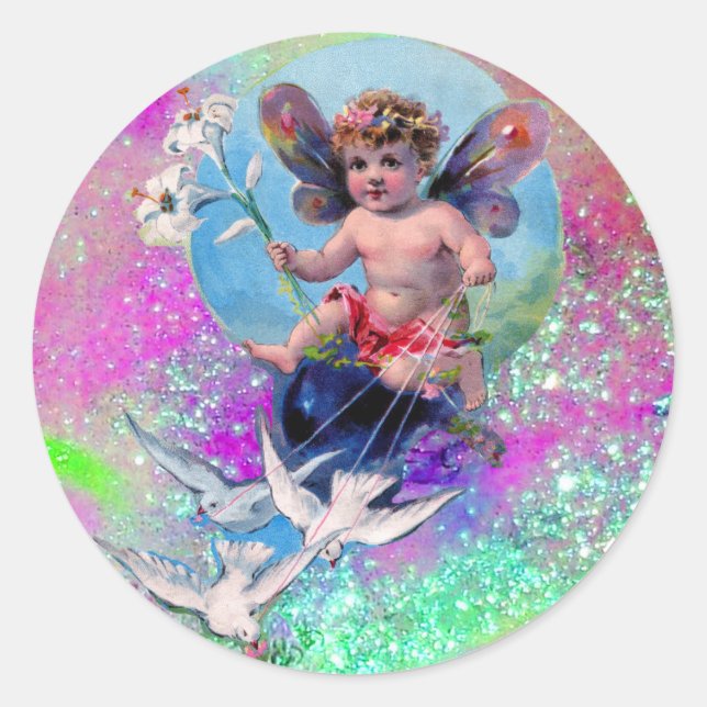 BABY FAIRY WITH DOVES IN GLITZERN Blue Pink violet Runder Aufkleber (Vorderseite)